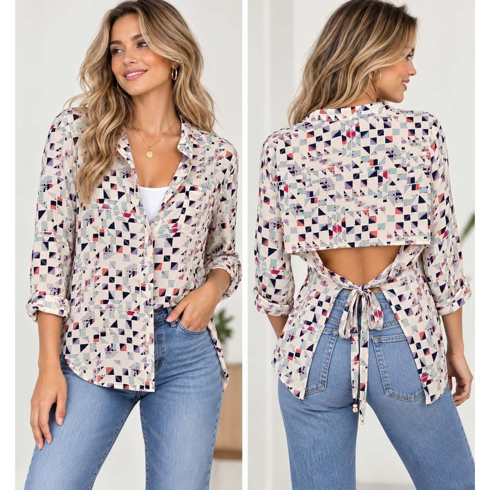 BCBGMAXAZRIA XS 100% Silk Geometric Print Open Back Tie Blouse Roll Tab Sleeve